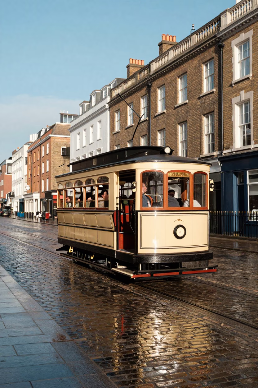 Vintage Heritage Tram on Cobblestone Avenue in Late Afternoon London in in London, United Kingdom