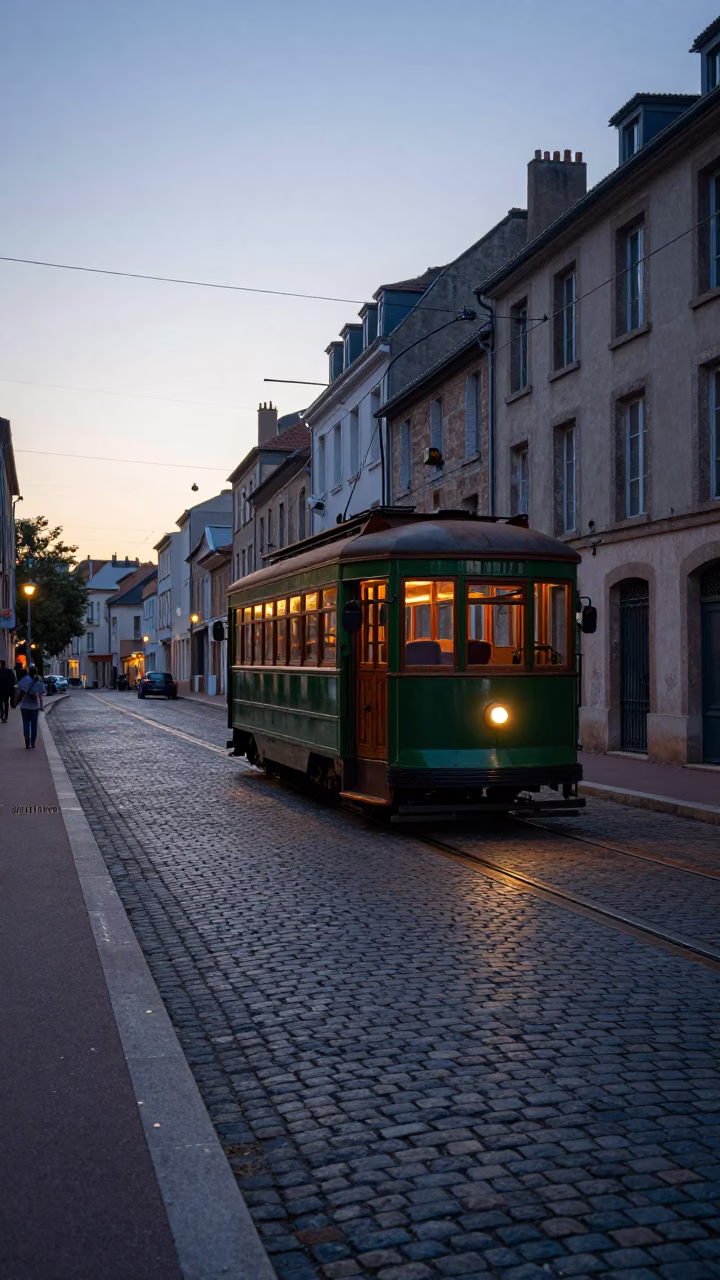 Vintage Heritage Tram on Cobblestone Avenue in Nice France Before Sunrise in in Nice, France