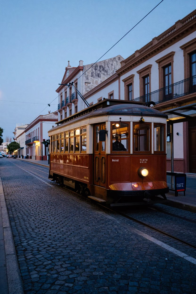 Vintage Heritage Tram on Cobblestone Avenue in Valencia Spain Before Dawn in in Valencia, Spain