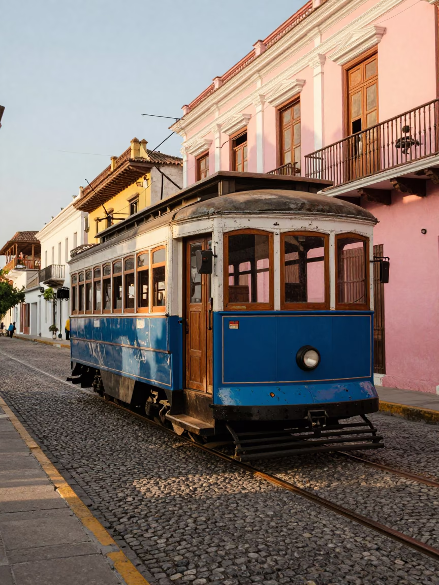 Vintage Heritage Tram on Cobblestone Street in Late Afternoon Cartagena Colombia in in Cartagena, Colombia