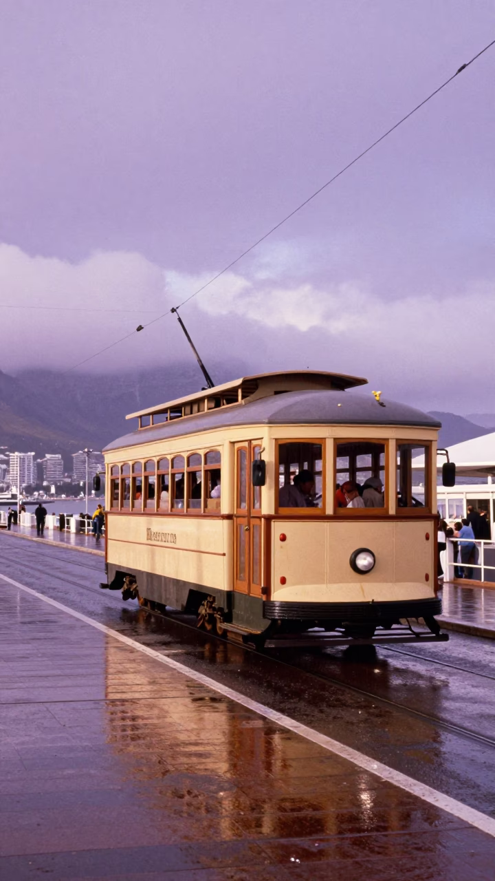 Vintage Heritage Tram on Rain Swept Cape Town Promenade at Sunset in in Cape Town, South Africa