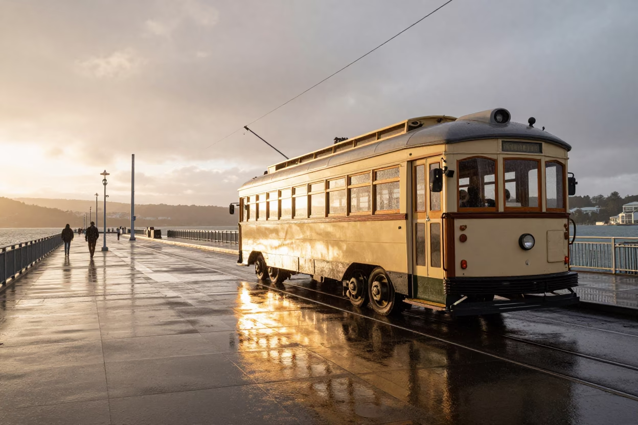 Vintage Heritage Tram on Rain Swept Coastal Promenade in Wellington New Zealand at Sunset in in Wellington, New Zealand