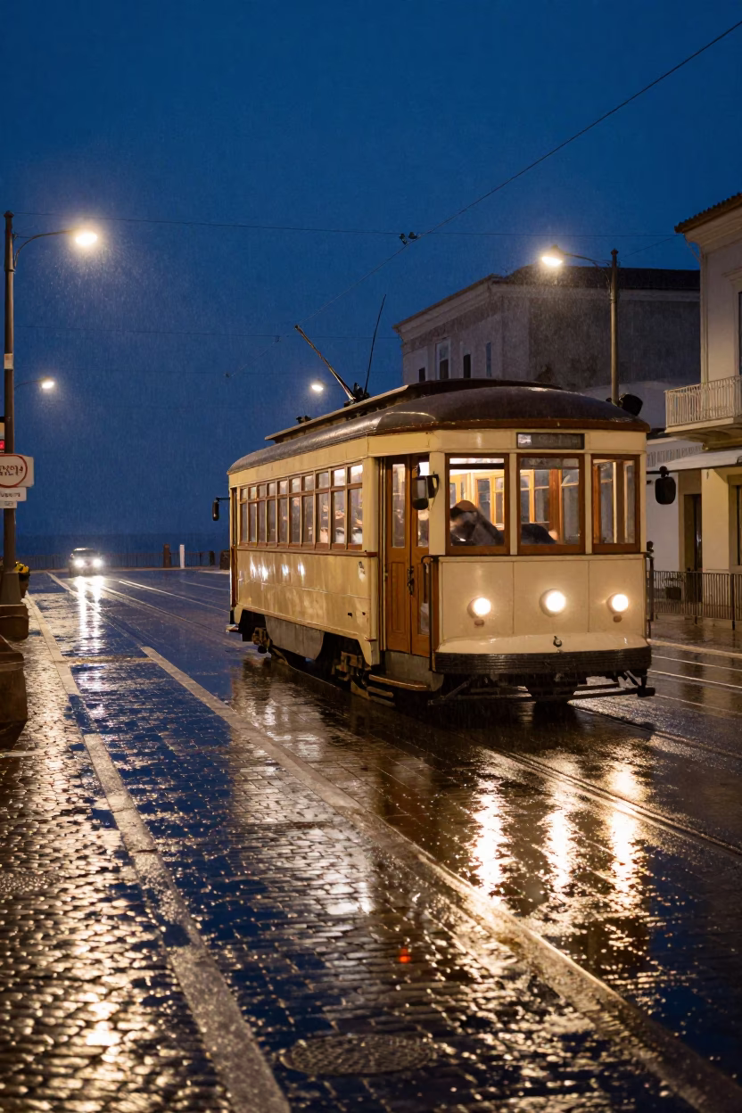 Vintage Heritage Tram on Rain-Swept Naples Coastal Promenade at Midnight in in Naples, Italy