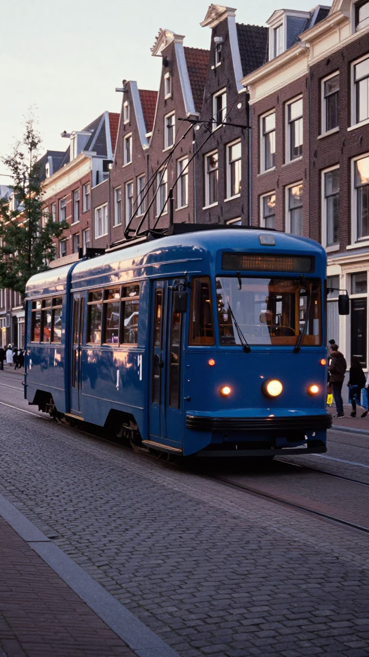Vintage Heritage Tram Passing Cobblestone Street with Blue Hydrangea Bushes in Late Afternoon Amsterdam in in Amsterdam, Netherlands