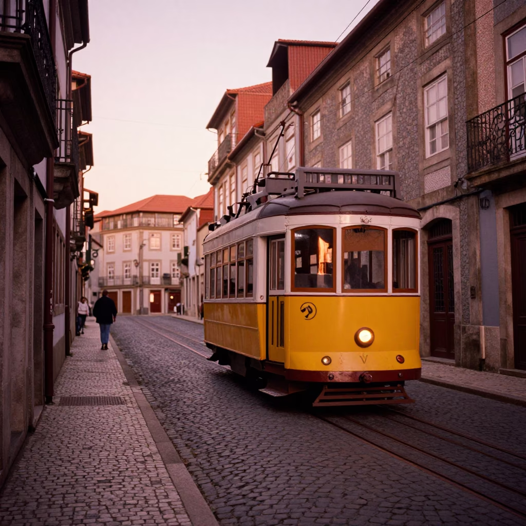 Vintage Heritage Tram Riding Copper-Toned Cobblestone Avenue in Porto Portugal Before Dusk in in Porto, Portugal