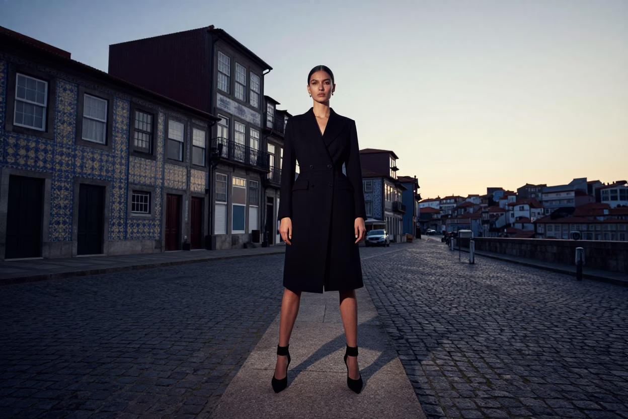 Vintage High Fashion Editorial Shot in Porto Portugal Before Sunrise in in Porto, Portugal
