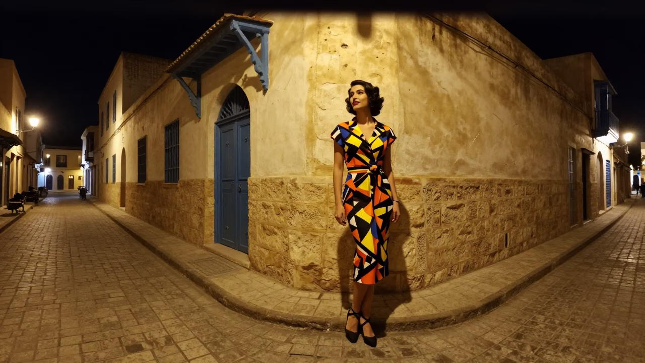 Vintage High Fashion Evening Portrait in Tunis Tunisia Night Street Scene in in Tunis, Tunisia