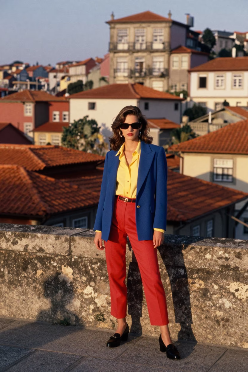 Vintage High Fashion Portrait in Porto Portugal Early Evening Street Scene in in Porto, Portugal