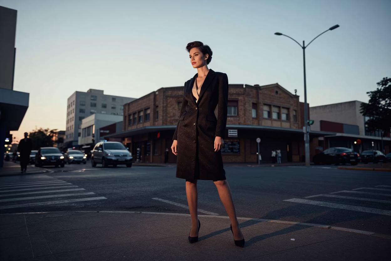 Vintage High Fashion Portrait of Elegant Woman in Johannesburg Before Sunrise in in Johannesburg, South Africa