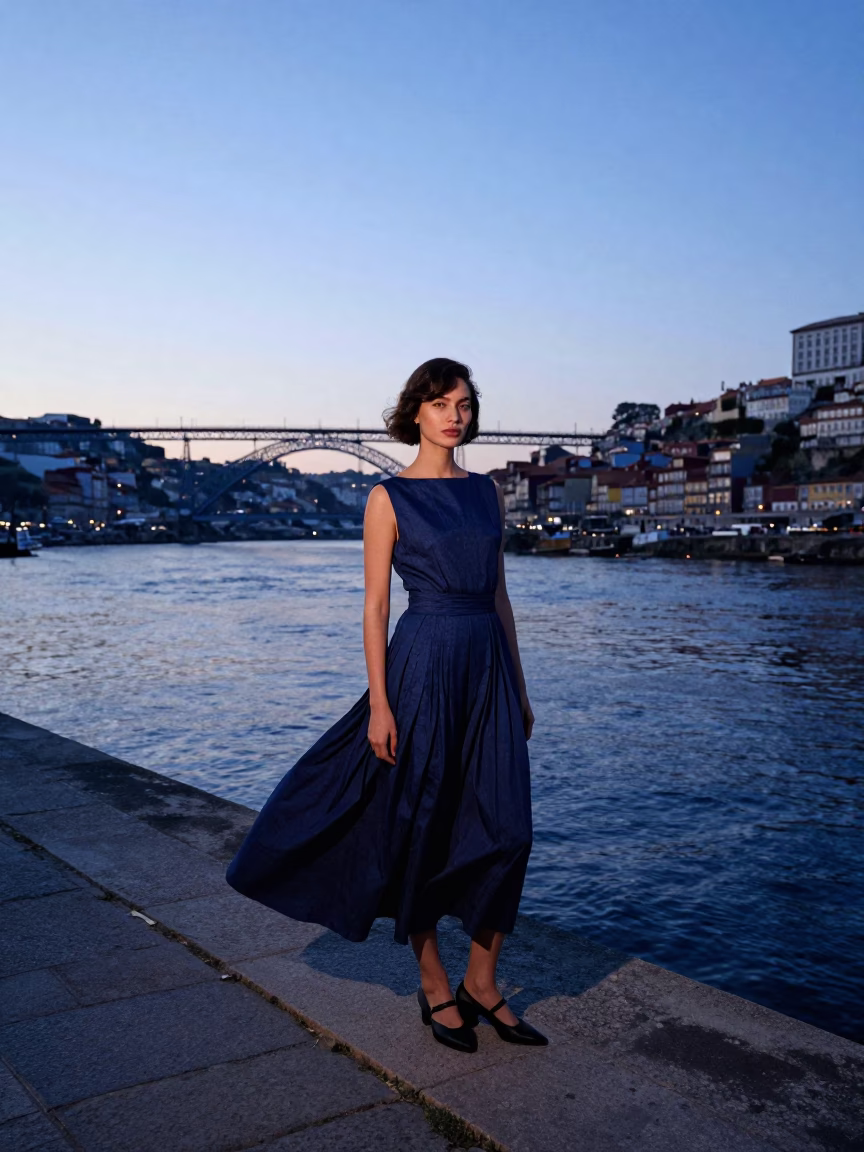 Vintage High Fashion Portrait on Porto Riverbank During Indigo Twilight in in Porto, Portugal