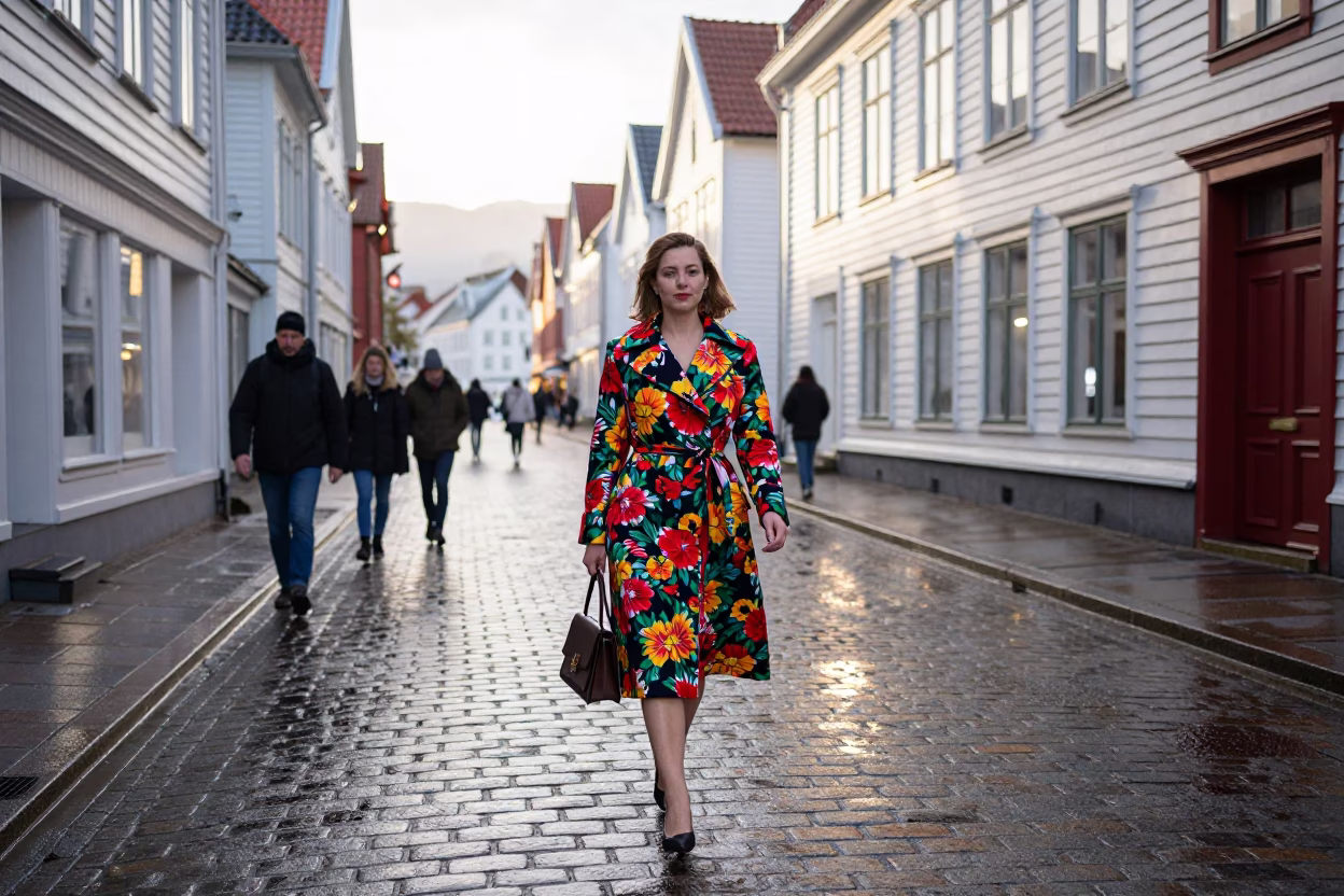 Vintage High Fashion Street Style in Bergen Norway Early Morning Light in in Bergen, Norway