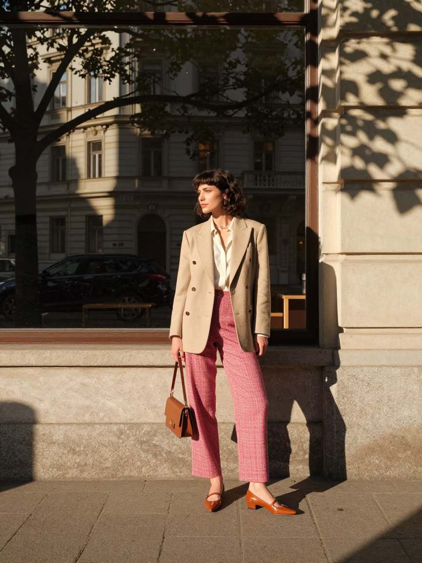 Vintage High Fashion Vienna Late Morning Street Style with Leaf Shadows and Steel Doorframes in in Vienna, Austria