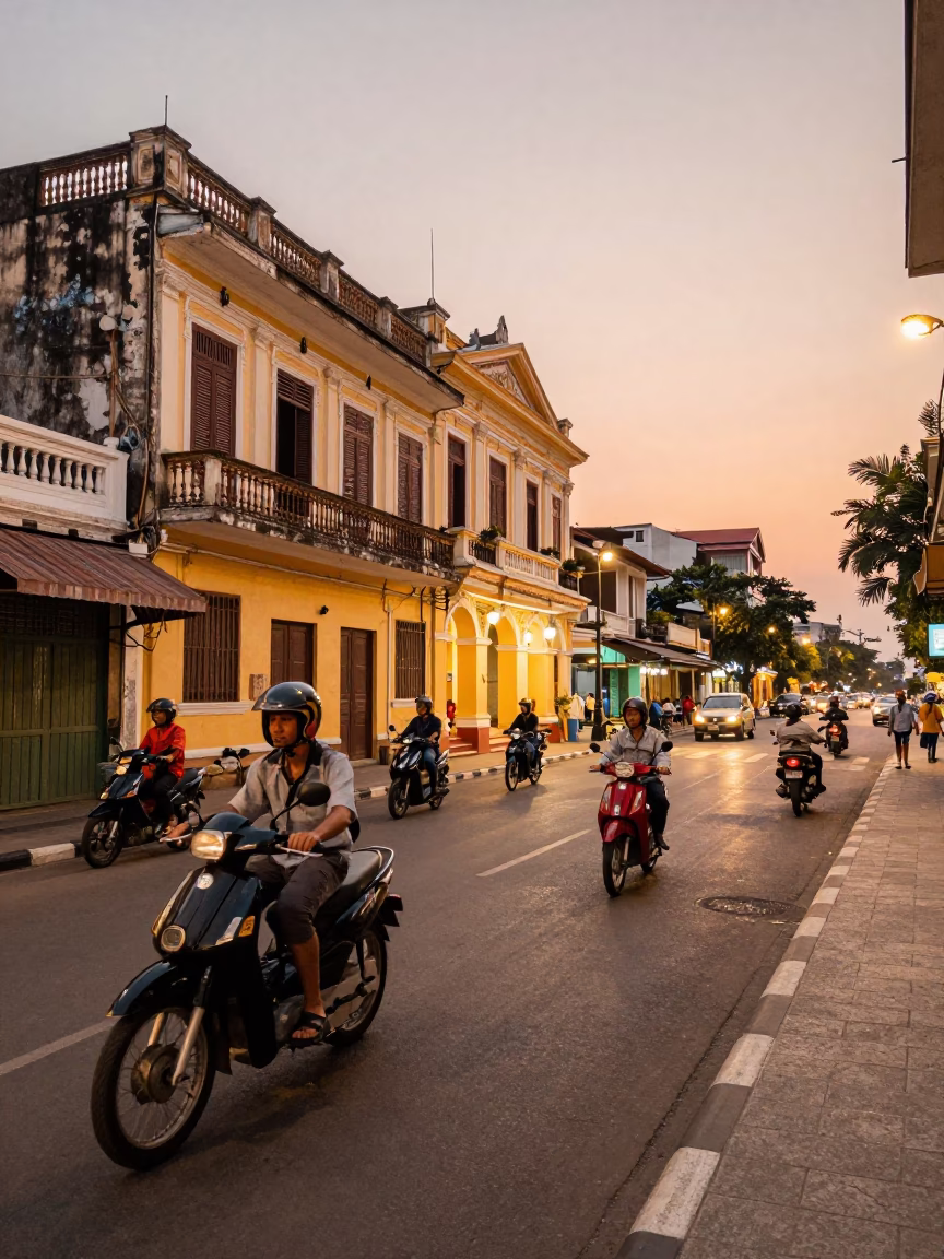 Vintage Ho Chi Minh City Evening Street Scene with Motorbikes and Colonial Architecture in in Ho Chi Minh City, Vietnam