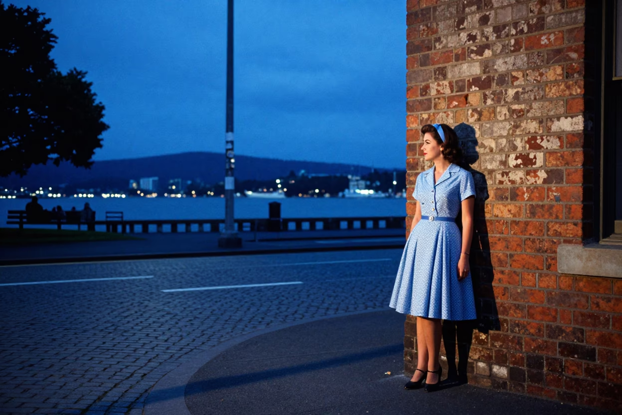 Vintage Hobart Street Scene at Blue Hour with 1960s Fashion and Local Details in in Hobart, Tasmania, Australia
