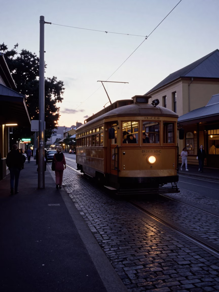 Vintage Hobart Street Scene Before Sunrise with Heritage Tram on Cobblestone Avenue in in Hobart, Tasmania, Australia