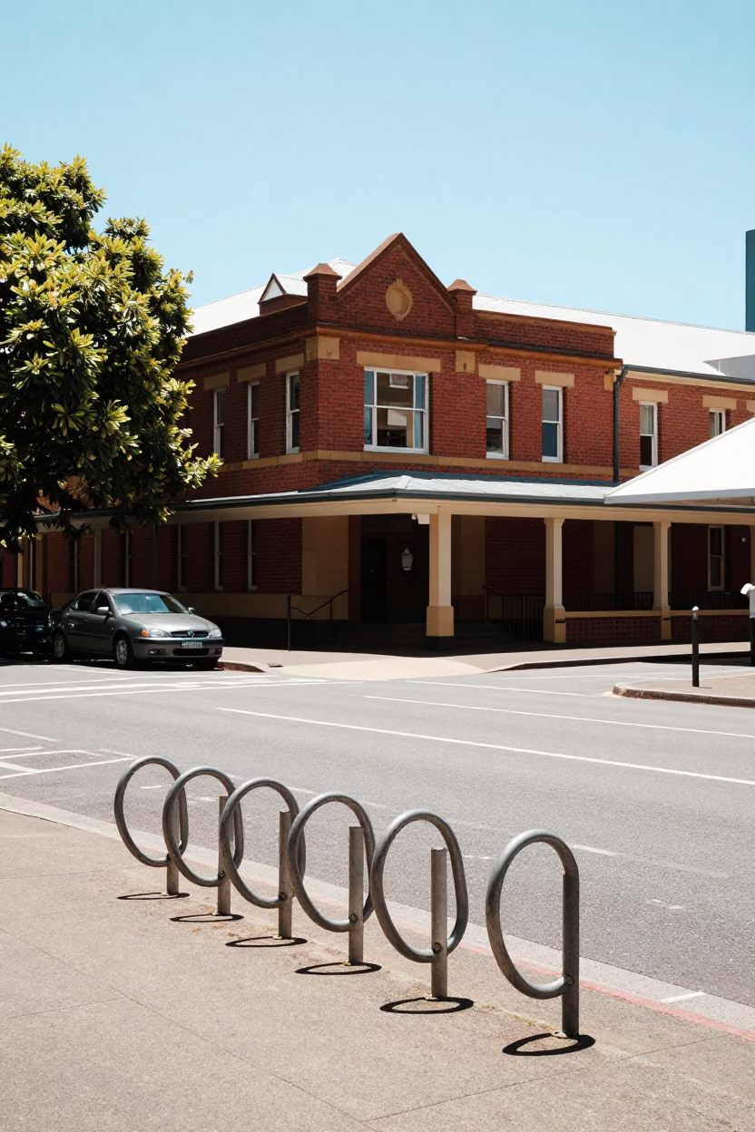 Vintage Hobart Street Scene Under Noon Sun with Campus Bicycle Rack in in Hobart, Tasmania, Australia