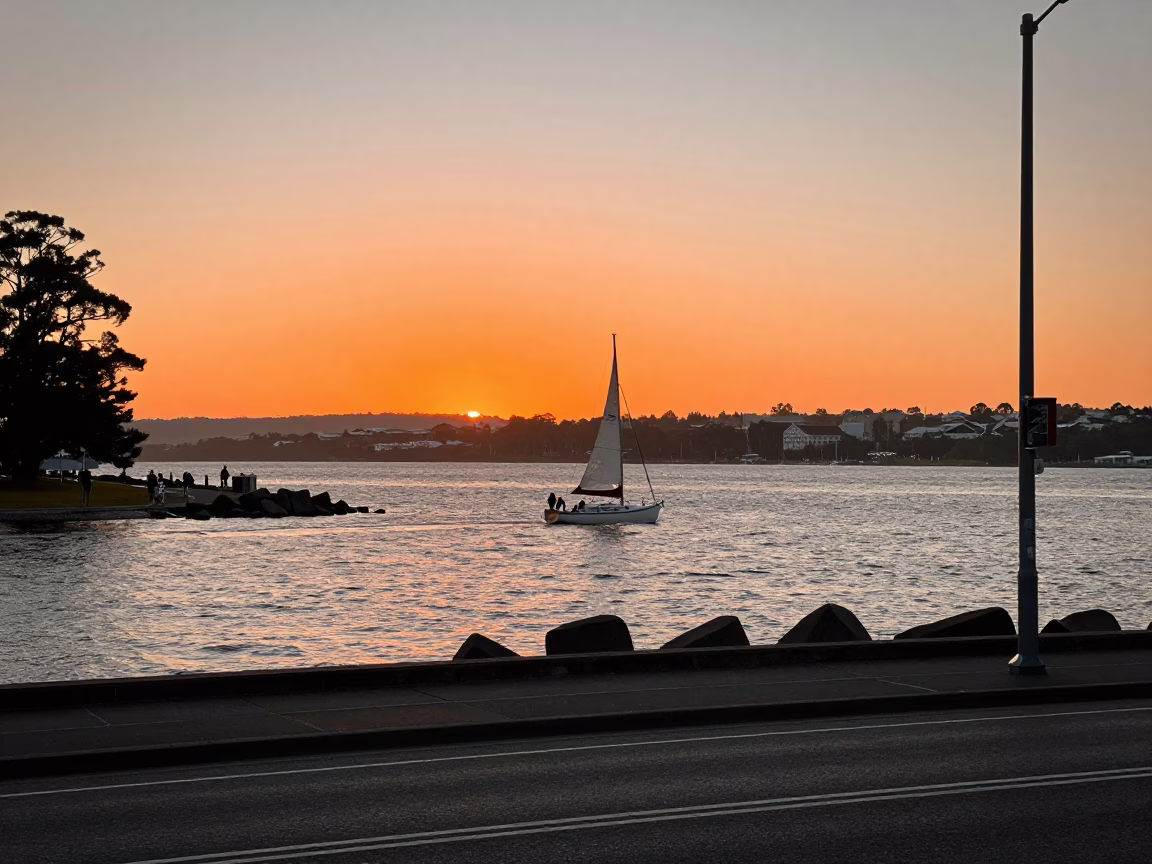 Vintage Hobart Sunset Street Scene with Sailboat and Breakwater Beacon in Tasmania in in Hobart, Tasmania, Australia
