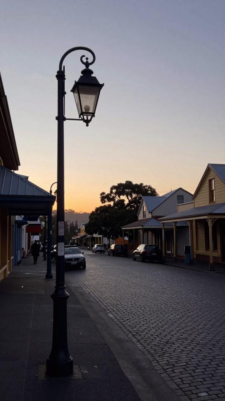 Vintage Hobart Tasmania street scene before sunrise with lantern and dominoes in in Hobart, Tasmania, Australia