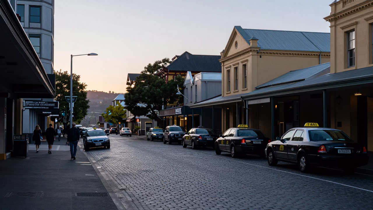 Vintage Hobart Tasmania Street Scene Before Sunrise with Taxi Rank and Classic Car in in Hobart, Tasmania, Australia