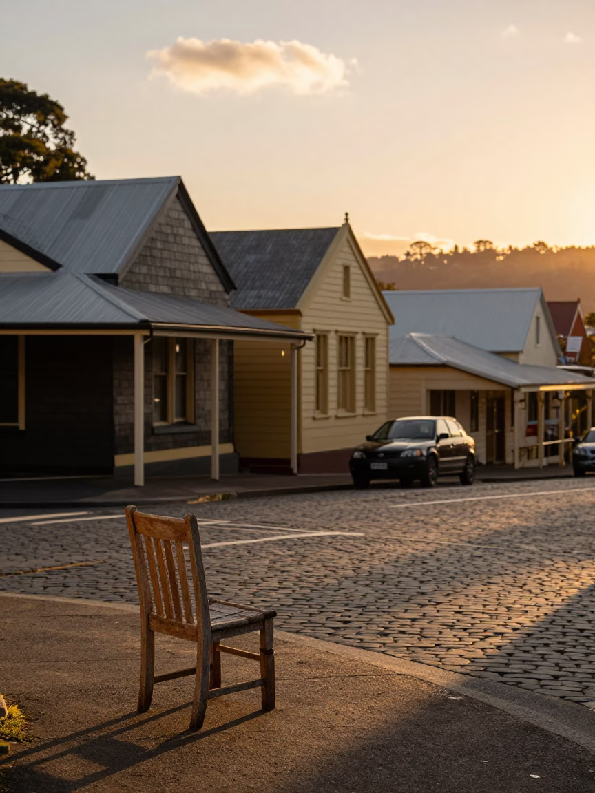 Vintage Hobart Tasmania Sunset Street Scene with Wooden Chair and Lamingtons in in Hobart, Tasmania, Australia