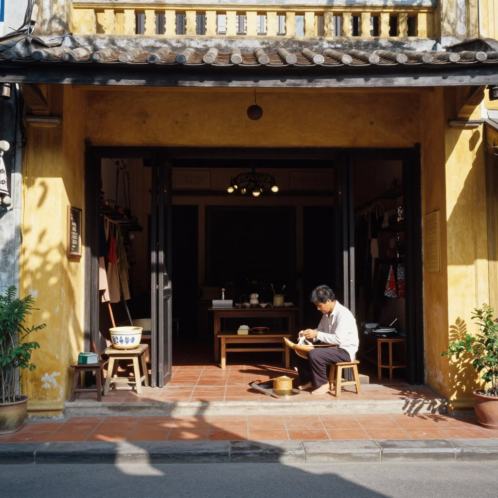 Vintage Hoi An Street Scene Midmorning Light Traditional Shop Interior in in Hoi An, Vietnam