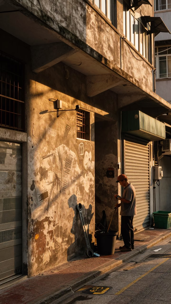 Vintage Hong Kong Street Scene at Sunset with Wrench and Shoehorn in in Hong Kong, Hong Kong