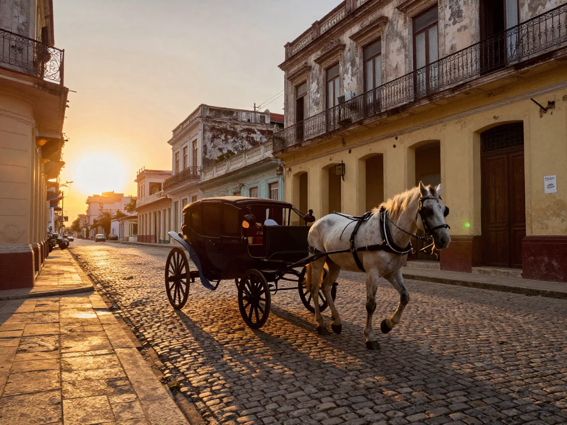 Vintage Horse-Drawn Carriage on Cobblestone Street in Havana Cuba at Sunset in in Havana, Cuba