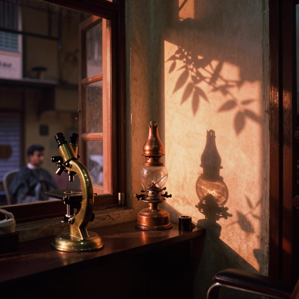 Vintage Hyderabad Street Barber Shop Interior with Brass Microscope and Dusk Light in in Hyderabad, India