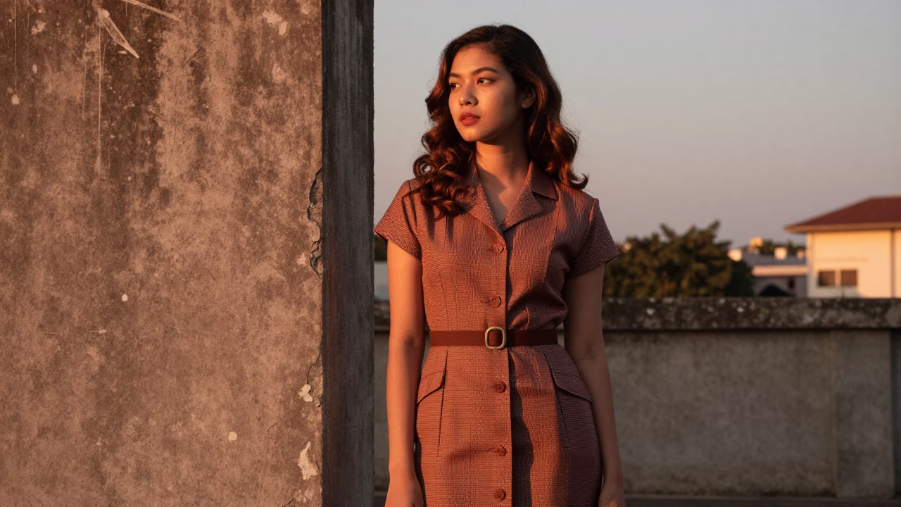 Vintage Indonesian Fashion Portrait in Copper Sunset Light Surabaya Street Scene in in Surabaya, Indonesia