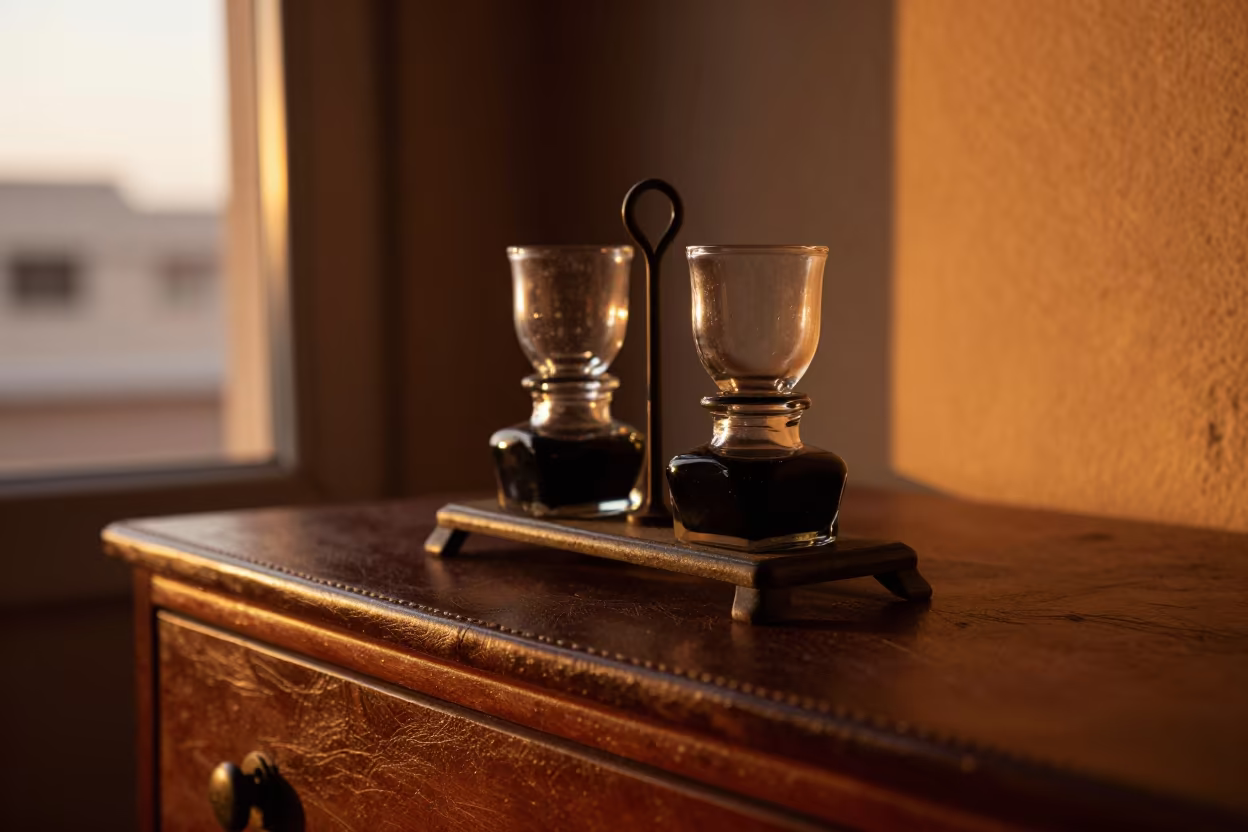 Vintage Inkstand on Hotel Dresser at Sunset in on a hotel dresser in Beni Suef