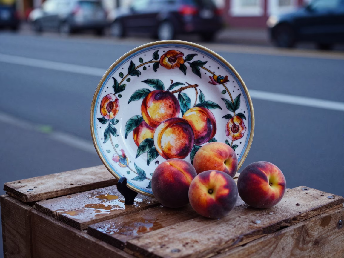 Vintage Italian Majolica Plate and Peaches on Portland Street Corner Before Sunrise in in Portland, Oregon, United States