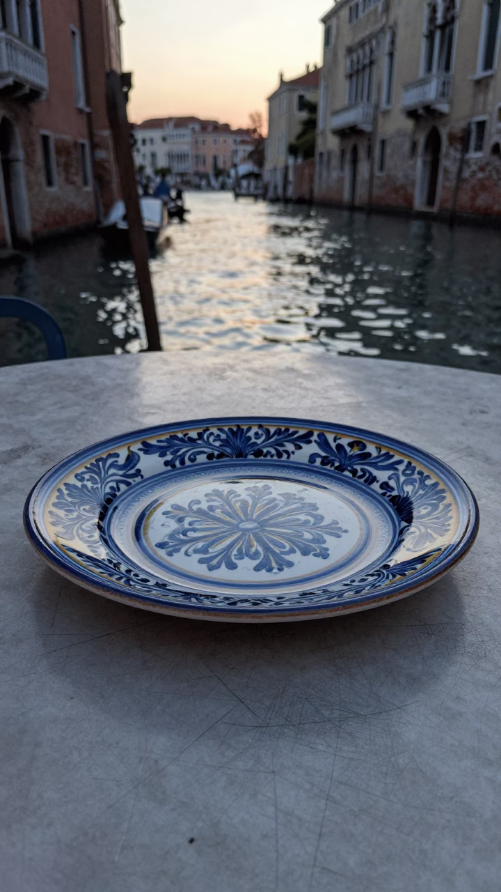 Vintage Italian Majolica Plate and Scratches on Tabletop in Early Evening Venice in in Venice, Italy
