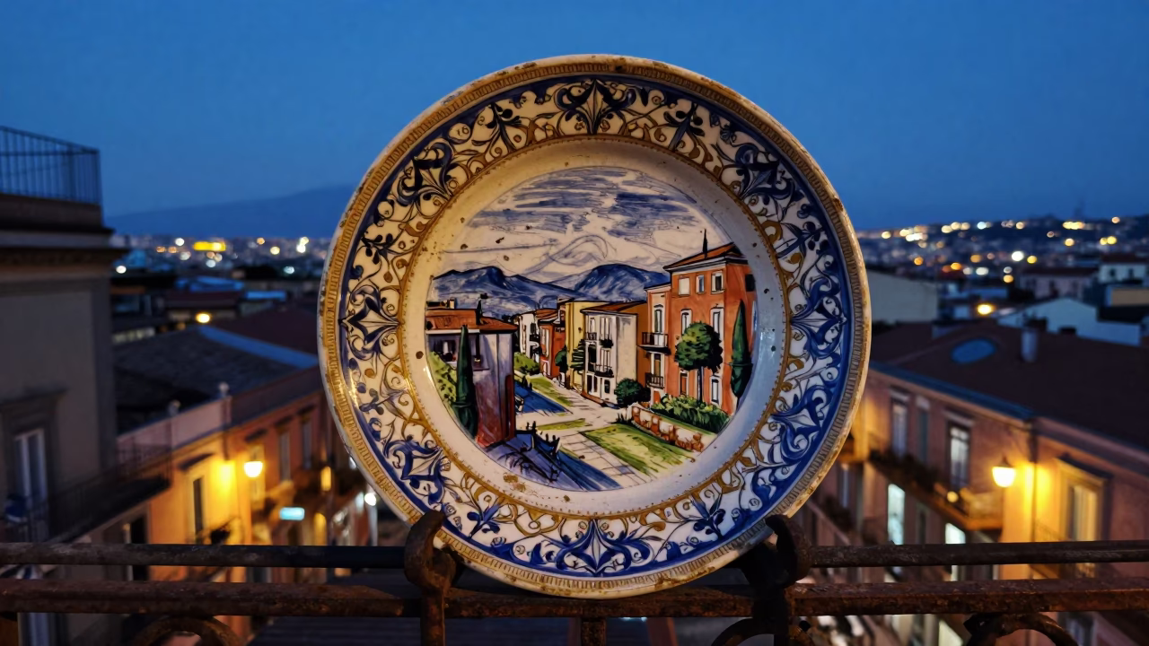 Vintage Italian Majolica Plate on Balcony at Dusk in Naples Italy in in Naples, Italy