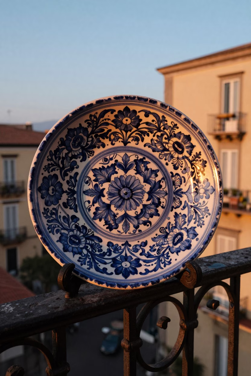Vintage Italian Majolica Plate on Balcony Railing in Naples Evening Light in in Naples, Italy