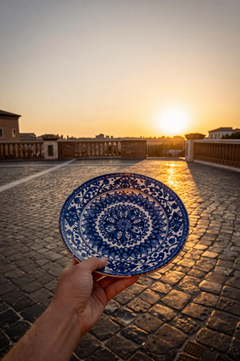 Vintage Italian Majolica Plate on Cobblestone Terrace in Rome During Golden Hour Sunset in in Rome, Italy