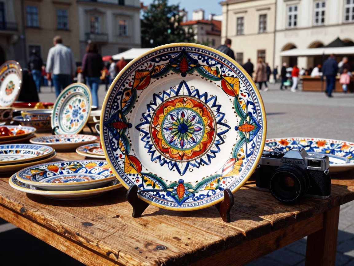 Vintage Italian Majolica Plate on Market Table in Krakow Poland Midday in in Krakow, Poland