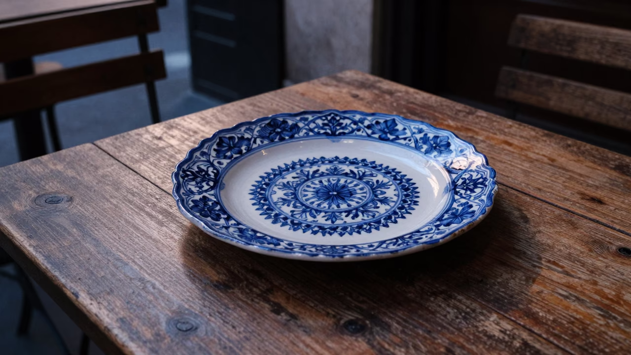 Vintage Italian Majolica Plate on Milan Cafe Terrace at Dawn in in Milan, Italy