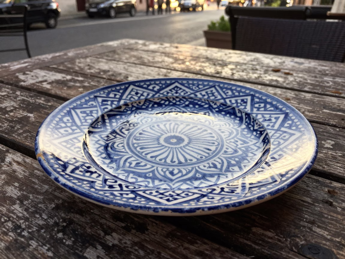 Vintage Italian Majolica Plate on Roman Cafe Table at Sunset in in Rome, Italy
