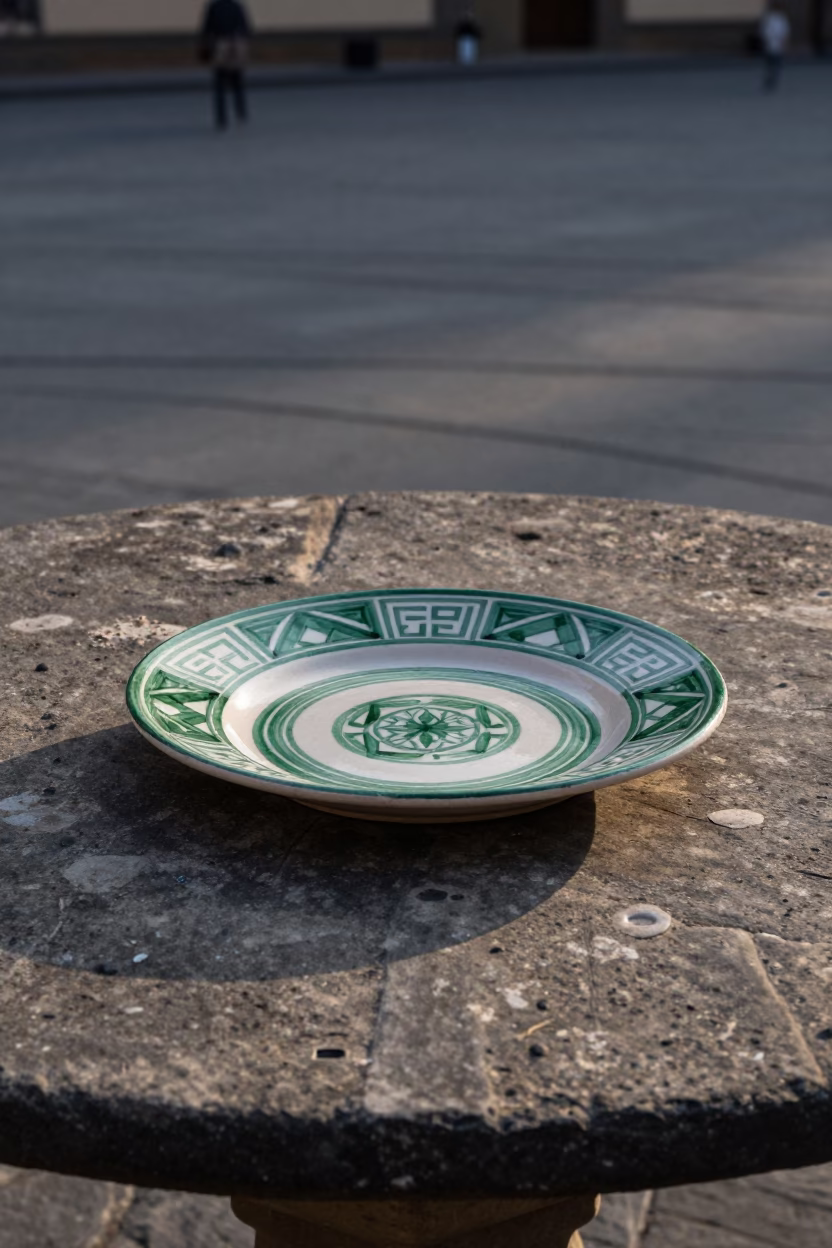 Vintage Italian Majolica Plate on Stone Table in Florence Early Evening in in Florence, Italy