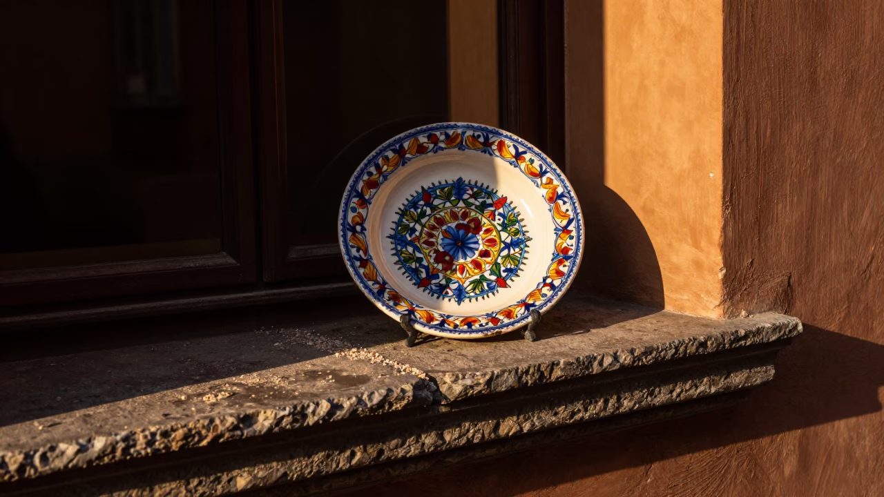 Vintage Italian Majolica Plate on Sunlit Window Sill in Bologna Late Afternoon Light in in Bologna, Italy