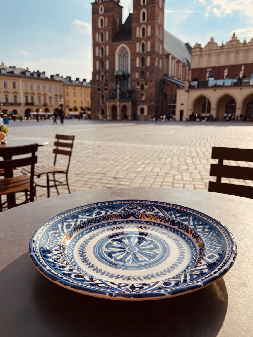 Vintage Italian Majolica Plate on Table in Krakow Poland Late Afternoon Light in in Krakow, Poland
