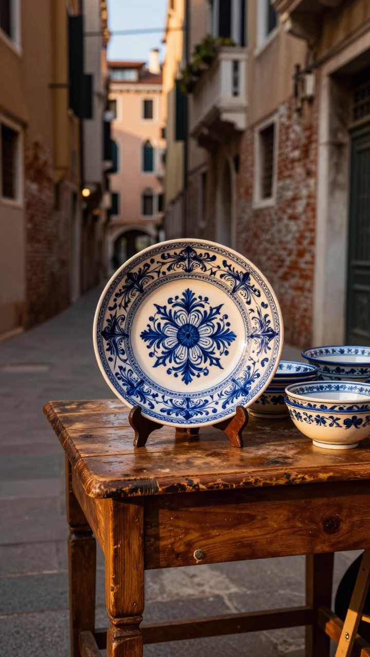 Vintage Italian Majolica Plate on Wooden Table in Honeyed Evening Venice in in Venice, Italy