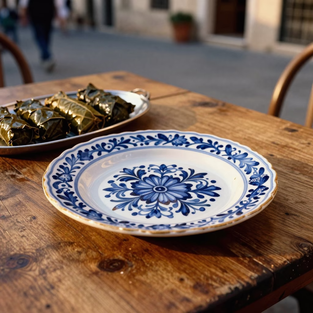 Vintage Italian Majolica Plate with Dolma on Table in Palermo Evening in in Palermo, Italy