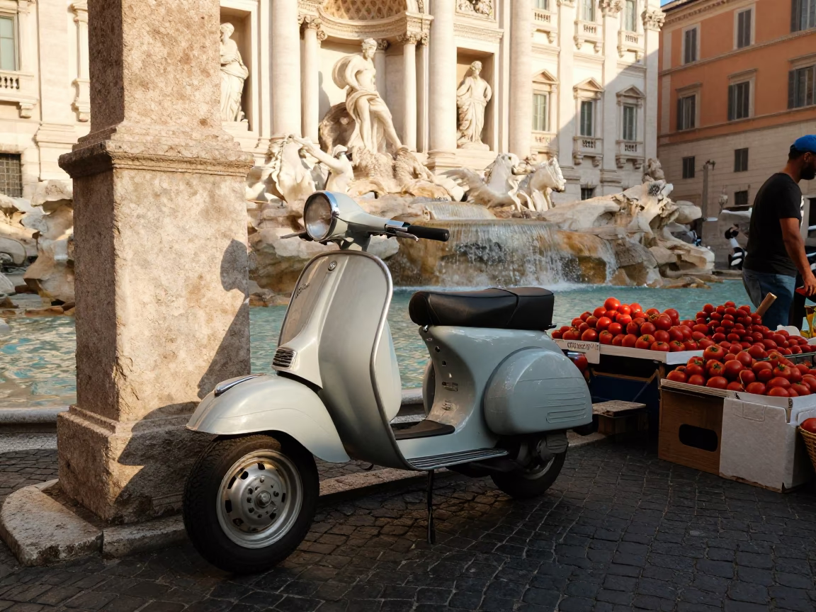 Vintage Italian Scooter and Local Market Goods in Late Afternoon Rome in in Rome, Italy