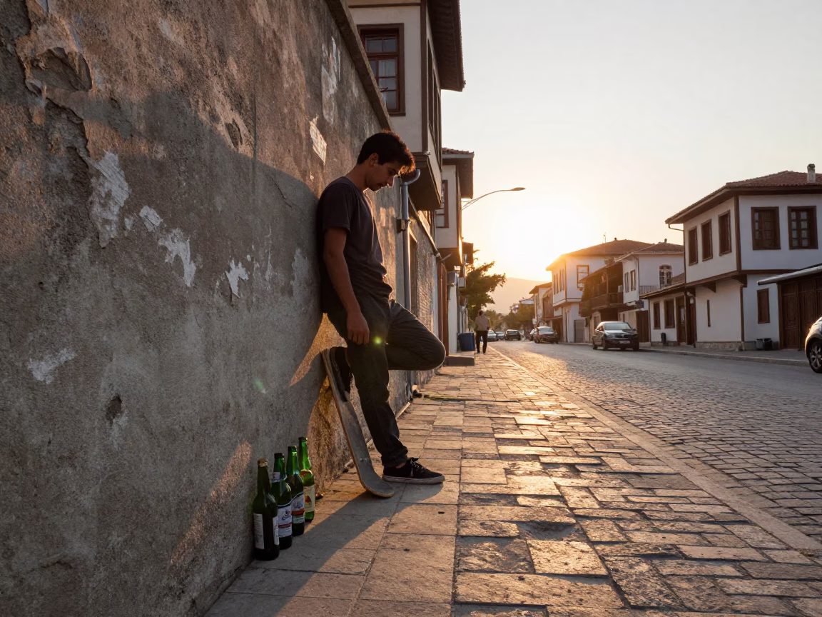 Vintage Izmir Street Scene with Skateboard and Glass Bottles at Sunset in in Izmir, Turkey