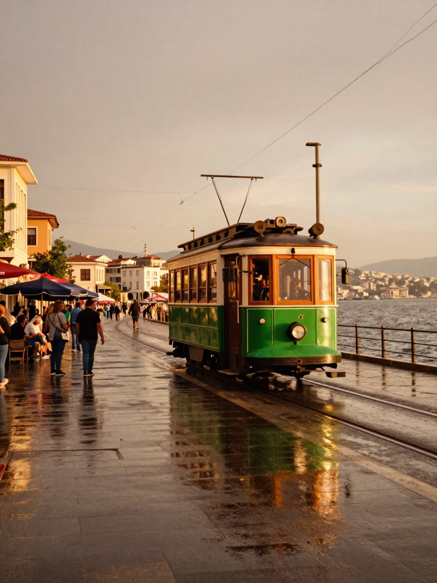 Vintage Izmir Sunset Heritage Tram and Coastal Promenade Scene in in Izmir, Turkey