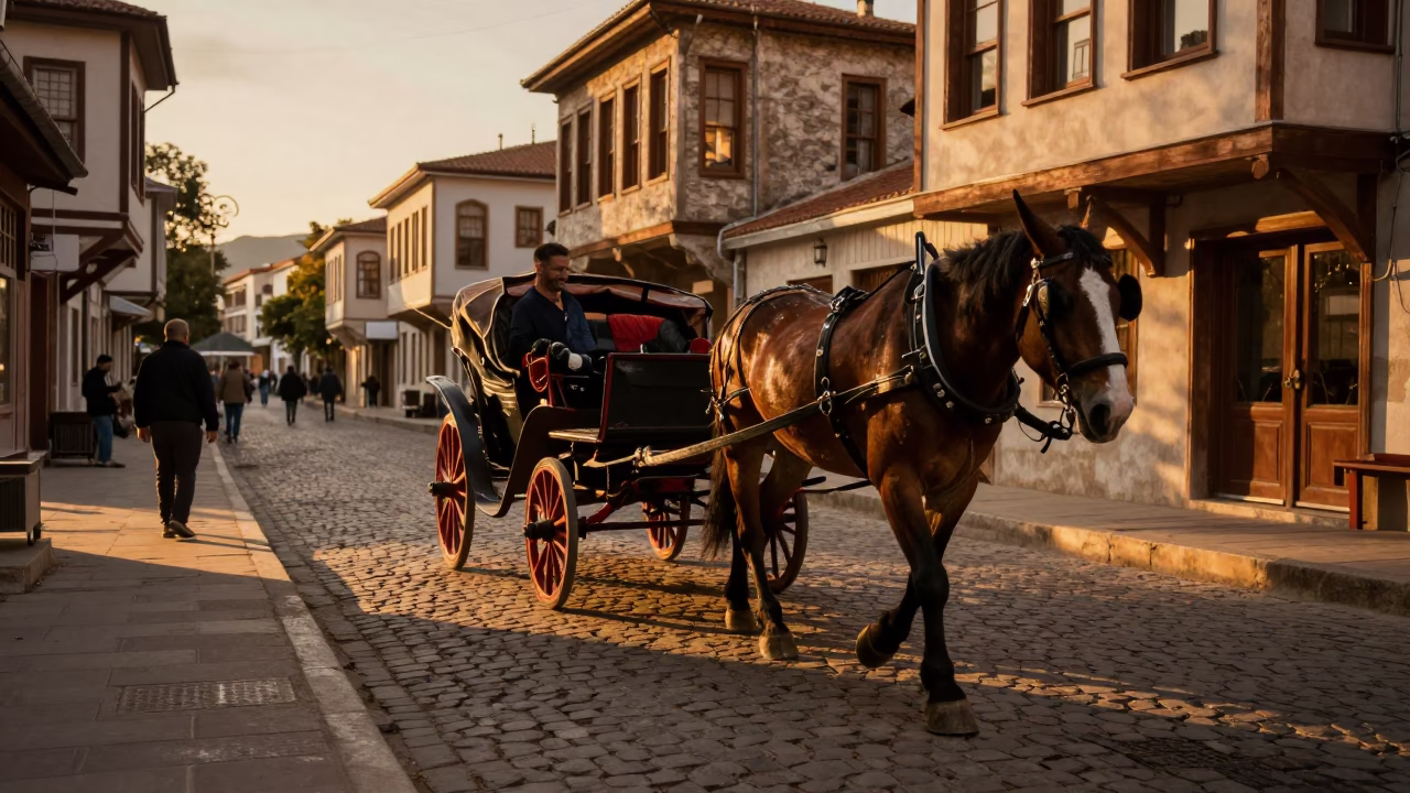 Vintage Izmir Turkey Evening Street Scene with Horse Cart and Urban Infrastructure in in Izmir, Turkey