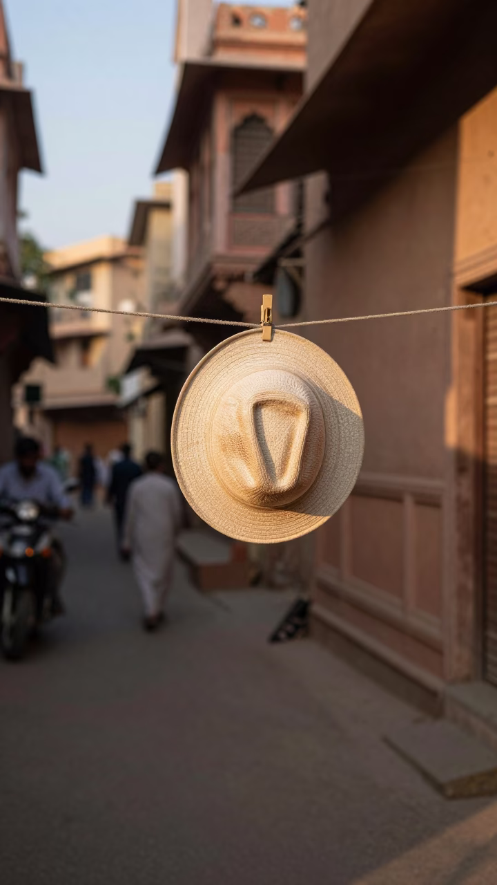 Vintage Jaipur Street Scene Late Afternoon Sun Hat Hanging Clothesline Dried Flowers in in Jaipur, India