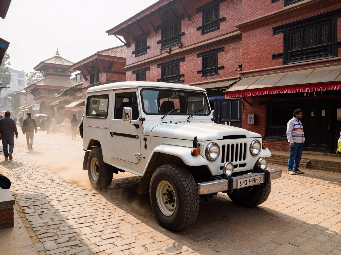 Vintage Jeep Safari Adventure Through Kathmandu Streets Late Morning Sunlight in in Kathmandu, Nepal