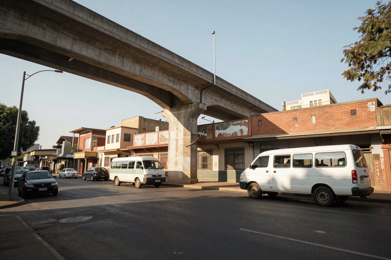 Vintage Johannesburg Late Morning Street Scene with Concrete Viaduct and Trailing Vines in in Johannesburg, South Africa